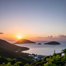 Caribbean Holidays, USVI Nature Holidays, Colourful Caribbean sunset viewed from a hillside overlooking the sea and islands of the United States Virgin Islands
