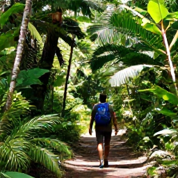 Caribbean Holidays, USVI Nature Holidays, Hiker walking through tropical forest on St John, Caribbean National Park trail, filtered sunlight and lush vegetation