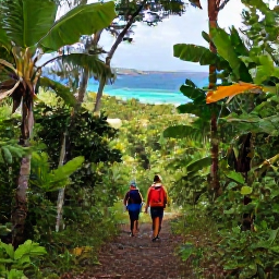 Caribbean Holidays, USVI Nature Holidays, Hikers walking through lush tropical forest on St John, with views across the Caribbean sea