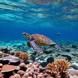 Caribbean Holidays, USVI Nature Holidays, Sea turtle swimming above colourful coral reef near Buck Island, clear Caribbean water and snorkeller in the distance