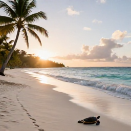 Caribbean Holidays, USVI Nature Holidays, Sunrise over a quiet Caribbean beach on St Croix, palm trees, gentle waves and a small sea turtle track