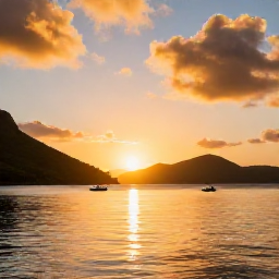 Caribbean Holidays, USVI Nature Holidays, Sunset over a peaceful Caribbean bay with green hills and small boats in the United States Virgin Islands