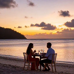 Caribbean Holidays, USVI October Honeymoons, Couple enjoying an intimate beachfront dinner at sunset in the United States Virgin Islands