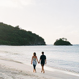 Caribbean Holidays, USVI October Honeymoons, Couple walking hand in hand on a quiet white-sand beach in St Thomas, United States Virgin Islands, soft October sunshine