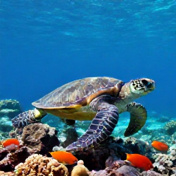 Caribbean Holidays, USVI Scuba Diving, Close underwater view of a green sea turtle, colourful reef fish and healthy coral in the United States Virgin Islands