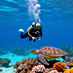 Caribbean Holidays, USVI Scuba Diving, Divers exploring a calm coral reef beside a sea turtle in the clear waters of St John, United States Virgin Islands