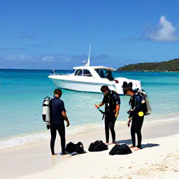Caribbean Holidays, USVI Scuba Diving, Friendly scuba divers preparing equipment beside a tropical beach and dive boat in the United States Virgin Islands