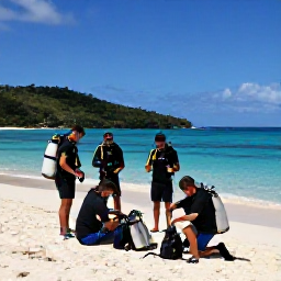 Caribbean Holidays, USVI Scuba Diving, Friendly scuba diving group preparing equipment beside a Caribbean beach in the United States Virgin Islands
