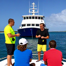 Caribbean Holidays, USVI Scuba Diving, Friendly scuba diving instructor briefing holidaymakers beside a dive boat in the United States Virgin Islands