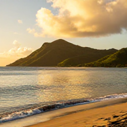 Caribbean Holidays, USVI Scuba Diving, Golden evening light over a tropical beach, calm sea and green island hills in the United States Virgin Islands