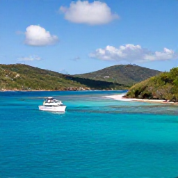 Caribbean Holidays, USVI Scuba Diving, Scuba boat approaching a sheltered reef near St Thomas, with turquoise water, green hills and a sunny Caribbean sky