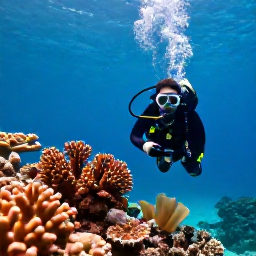 Caribbean Holidays, USVI Scuba Diving, Scuba diver exploring a colourful coral reef in clear turquoise water around the United States Virgin Islands