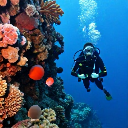 Caribbean Holidays, USVI Scuba Diving, Scuba divers descending beside a reef wall with colourful coral, sponges and tropical fish in St Thomas