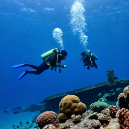 Caribbean Holidays, USVI Scuba Diving, Scuba divers inspecting a historic shipwreck surrounded by coral and fish in the blue water off St Croix
