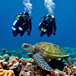 Caribbean Holidays, USVI Scuba Diving, Scuba divers observing a green sea turtle above a healthy Caribbean coral reef near St John