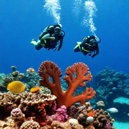 Caribbean Holidays, USVI Scuba Diving, Scuba divers swimming above vibrant coral, sea fans and tropical fish at a United States Virgin Islands reef