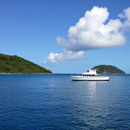 Caribbean Holidays, USVI Scuba Diving, Small dive boat travelling across calm blue Caribbean water towards green islands of the United States Virgin Islands