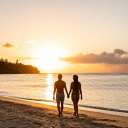 Caribbean Holidays, USVI Spa Breaks, Couple enjoying a peaceful sunset beach walk after a spa treatment in the United States Virgin Islands