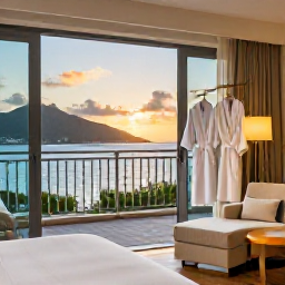 Caribbean Holidays, USVI Spa Breaks, Elegant Caribbean resort room with a balcony, spa robes and a view of the sunset over the US Virgin Islands