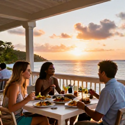 Caribbean Holidays, USVI Spa Breaks, Elegant Caribbean resort terrace at sunset with healthy dinner, sea views and relaxed guests in the United States Virgin Islands