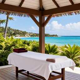 Caribbean Holidays, USVI Spa Breaks, Luxury open-air spa pavilion overlooking Magens Bay in St Thomas, with a massage table, greenery and ocean views