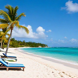 Caribbean Holidays, USVI Spa Breaks, Quiet white-sand beach with turquoise water, sun loungers and palm trees on St John in the US Virgin Islands