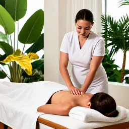 Caribbean Holidays, USVI Spa Breaks, Spa therapist providing a calming massage in a bright Caribbean treatment room with tropical greenery