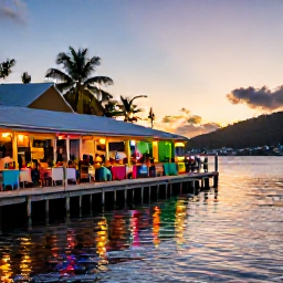 Caribbean Holidays, USVI Tours, A relaxed evening harbour scene in the United States Virgin Islands, with a sunset, colourful waterfront restaurants and visitors enjoying local food