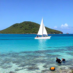 Caribbean Holidays, USVI Tours, A small sailing boat passing between green Caribbean islands with clear blue water and snorkellers near a coral reef
