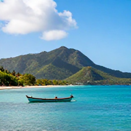 Caribbean Holidays, USVI Tours May, A bright Caribbean morning overlooking turquoise water, green hills and a traditional boat near the United States Virgin Islands