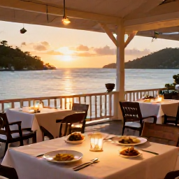 Caribbean Holidays, USVI Tours May, A relaxed evening waterfront restaurant with outdoor tables, Caribbean dishes and sunset light in the United States Virgin Islands