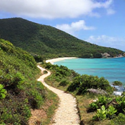Caribbean Holidays, USVI Tours May, A scenic tropical hiking trail through green hills towards a secluded beach on St John in the United States Virgin Islands