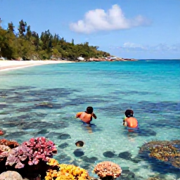 Caribbean Holidays, USVI Tours May, Snorkellers exploring clear shallow water above colourful coral and tropical fish beside a sandy beach in the US Virgin Islands
