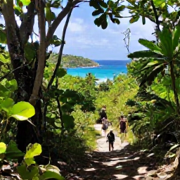 Caribbean Holidays, USVI Tours, Visitors hiking along a shaded trail in Virgin Islands National Park on St John, with tropical forest, rocky coastline and turquoise sea