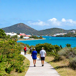 Caribbean Holidays, USVI Walking Holidays, A relaxed coastal path on St Thomas with walkers looking across Charlotte Amalie harbour, green hills and bright blue Caribbean water