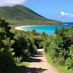 Caribbean Holidays, USVI Walking Holidays, A scenic coastal walking trail on St John in the United States Virgin Islands, with turquoise water, green hills and warm November sunshine