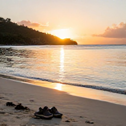 Caribbean Holidays, USVI Walking Holidays, Golden sunset over a quiet beach in the United States Virgin Islands, with walking shoes near the shore and calm Caribbean water