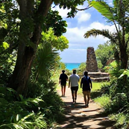 Caribbean Holidays, USVI Walking Holidays, Walkers following a forest trail through Virgin Islands National Park on St John, with tropical plants, old stone ruins and glimpses of the Caribbean Sea