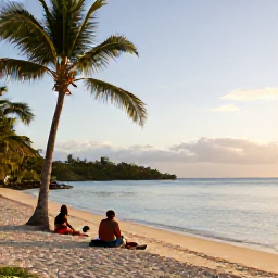 Caribbean Holidays, USVI Walking Holidays, Walkers resting beside a quiet Caribbean beach on St Croix, with palms, calm water and a warm late-afternoon November light