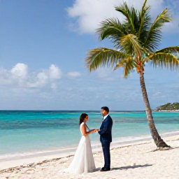Caribbean Holidays, USVI Wedding Venues, Bride and groom exchanging vows on a white sandy beach in St Thomas, turquoise Caribbean sea and gentle palm trees behind them