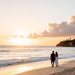 Caribbean Holidays, USVI Wedding Venues, Newlywed couple walking along a quiet Caribbean beach at sunset on St John, with gentle waves and a warm golden sky