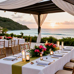 Caribbean Holidays, USVI Wedding Venues, Wedding table set for an outdoor Caribbean reception with tropical flowers, lanterns and sunset sea views
