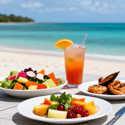 Caribbean Holidays, USVI Wellness April, Healthy Caribbean meal with fresh fruit, colourful salad, grilled seafood and a cool drink on an outdoor table overlooking the sea