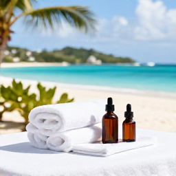 Caribbean Holidays, USVI Wellness April, Spa treatment and tropical relaxation in a bright Caribbean resort in the United States Virgin Islands, with natural oils, towels and island views