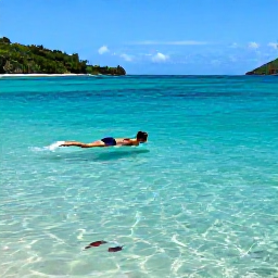 Caribbean Holidays, USVI Wellness April, Traveller swimming and snorkelling in clear turquoise water near a quiet beach in the United States Virgin Islands, colourful fish visible below
