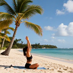 Caribbean Holidays, USVI Wellness April, Wellness traveller practising gentle yoga on a quiet sandy beach in St John, United States Virgin Islands, with palm trees and calm sea