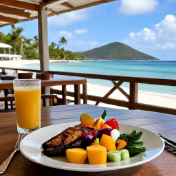 Caribbean Holidays, USVI Wellness Escapes, Fresh Caribbean meal with tropical fruit, grilled fish and vegetables at an open-air restaurant overlooking the sea in the US Virgin Islands
