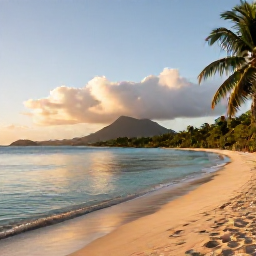 Caribbean Holidays, USVI Wellness Escapes, Quiet tropical beach in the United States Virgin Islands at sunrise, calm turquoise water, soft sand and palm trees