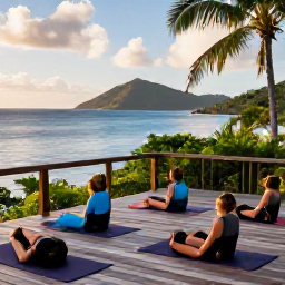Caribbean Holidays, USVI Wellness Escapes, Yoga session on a wooden deck overlooking the Caribbean Sea in the US Virgin Islands, morning light and tropical greenery