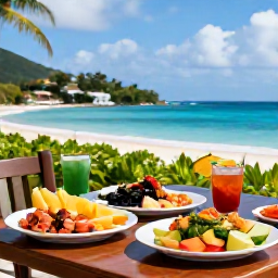 Caribbean Holidays, USVI Wellness May, Healthy Caribbean lunch with fresh tropical fruit, vegetables and seafood on a shaded terrace in the US Virgin Islands